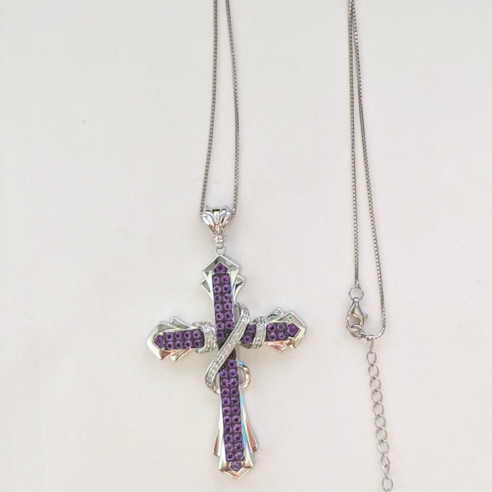 BBJ 925 Sterling Silver Amethyst Spinel Large Christian Cross Necklace